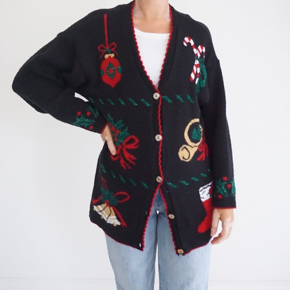 Vintage Style Studio Black Christmas Ornament Bell Stocking Holiday Cardigan M